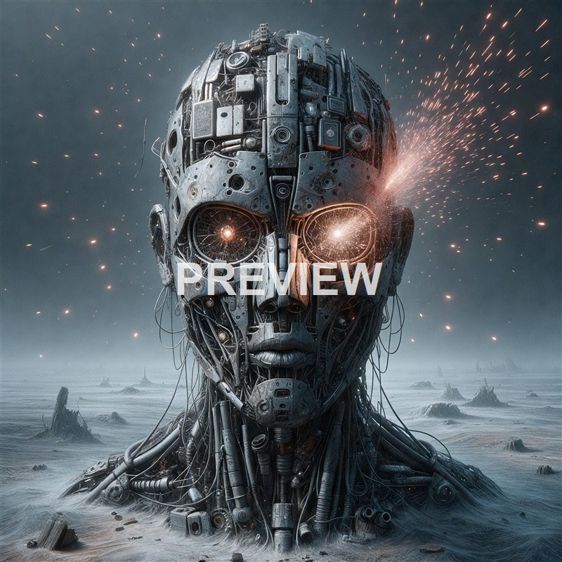 A large humanoid robot head made of various metallic and electronic parts emerges from a desolate landscape, with sparks flying from its head and a dark, cloudy sky in the background.